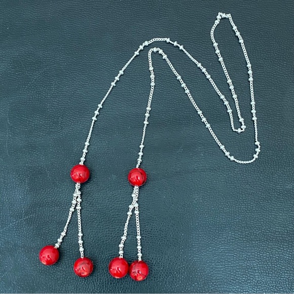 Silver-tone Chain with Red Beads Lariat 24-Inch Necklace 14.2g - Picture 5 of 14